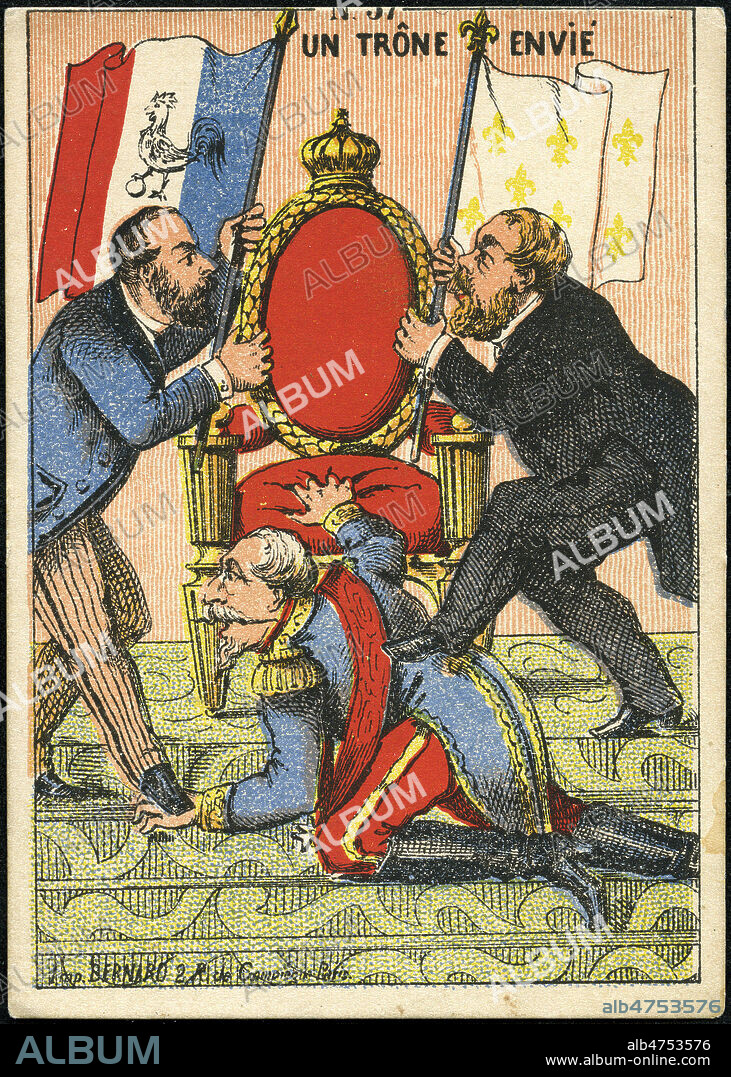 'Un trone envie' : les royalistes se disputent le trone abandonne par Napoleon III. a Gauche, le Comte de Paris avec le drapeau tricolore et le coq gaulois (embleme de Louis-Philippe). A droite, le Comte de Chambord avec le drapeau blanc des Bourbons se sert de Napoleon III, a terre, comme marche-pied. Illustration anonyme pour un chromo vers 1871. Credit : Collection IM/KHARBINE-TAPABOR.