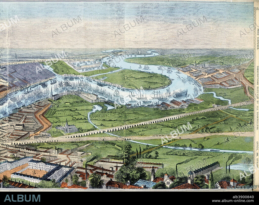 ILLUSTRATED LONDON NEWS. Print; coloured engraving- Panorama of London and the River Thames. Date/Period: 1845 - 1850. Painting, Prints and Drawings.