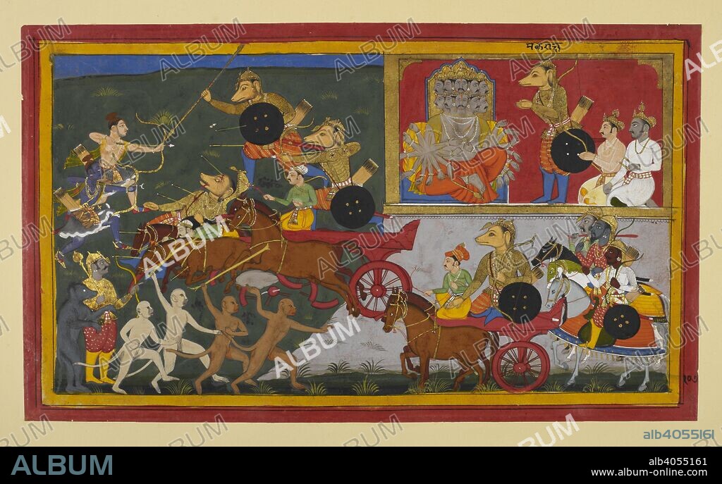 MakarÄká¹£a son of Khara, depicted with a pigâ€™s head, is sent off by RÄvaá¹‡a to fight. He sets off in his chariot with attendants. Monkeys advance with rocks and trees along the bottom, while above RÄma and Laká¹£maá¹‡a loose arrows at MakarÄká¹£a. He wields his bow, then dismounted, he wields his great golden spear and ultimately falls beneath RÄma's arrows.  Inscribed in the margin above the demon: MakarÄká¹£a. Ramayana. Udaipur, c.1653. Source: Add.19297(1), f.107. Language: Sanskrit.