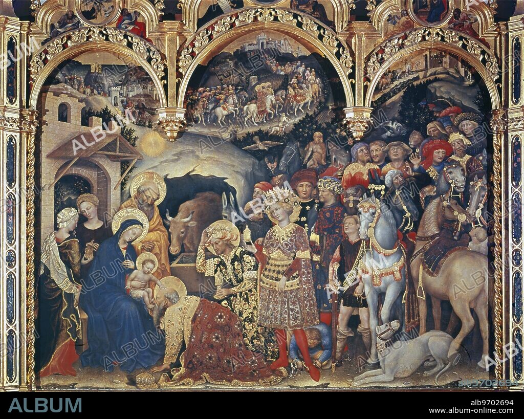 Adoration of the Magi (1423). By Gentile de Fabriano. In Uffizi Florence. Gentile da Fabriano (born in or near Fabriano, Marche, c. 1370; probably died in 1427) was an Italian painter known for his participation in the International Gothic style. ©TopFoto.