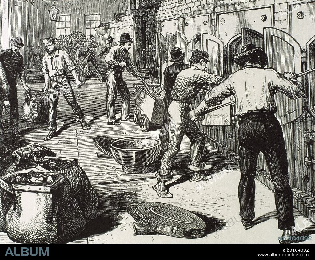 HISTORIA DE LOS ESTADOS UNIDOS. SIGLO XIX. "OBREROS TRABAJANDO EN EL PROCESO DE FUNDICION Y REFINAMIENTO DE LA PLATA". (Ciudad de VIRGINIA). Grabado que fue publicado en el periódico "Frank Leslie's" en el año 1878.