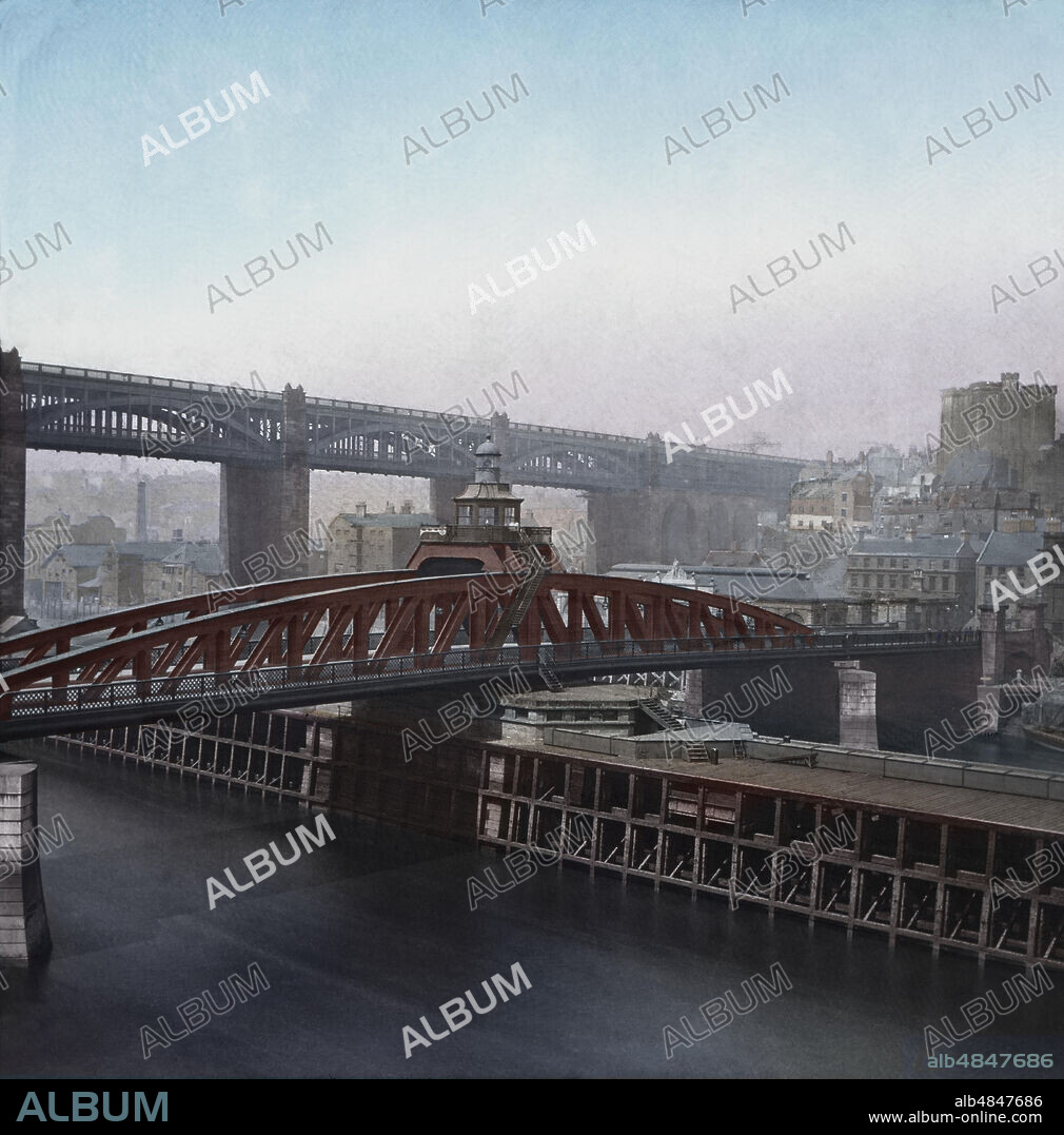 Magic Lantern slide circa 1900, hand coloured, Victorian/Edwardian era. Newcastle High Level and Swing Bridge over the River Tyne; Newcastle upon Tyne, Tyne and Wear, England.
