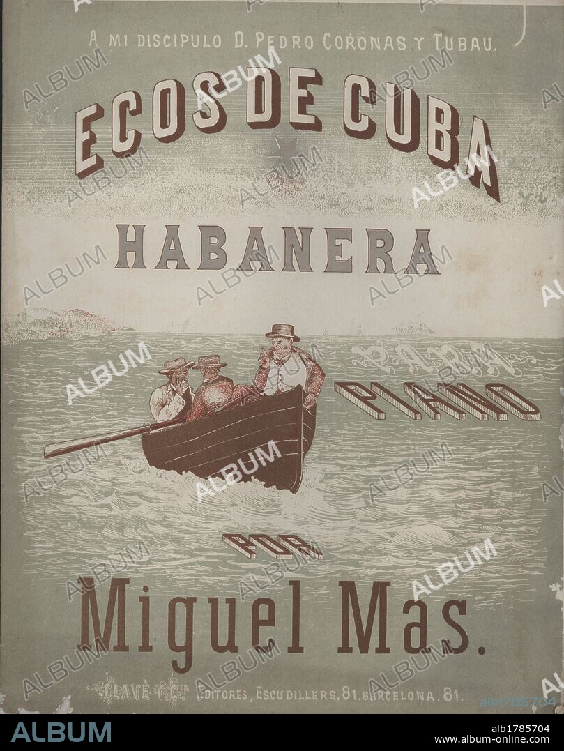 Partitura musical de la habanera para piano "Ecos de Cuba", del maestro Miguel Mas. Barcelona, años 1900.