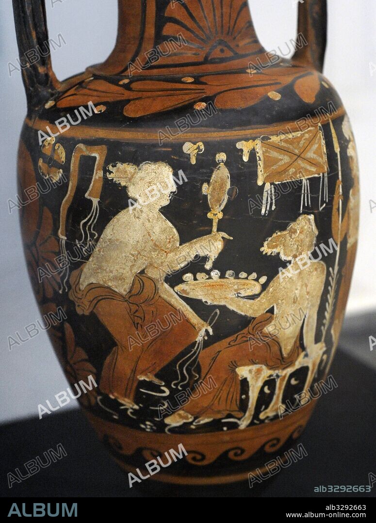 Neck-amphora with red figures decorated with a female figure sitting on a stool holding a plate. At left, woman holding a mirror and, at right, a warrior with helmet, spear, shield and greaves. Detail. From Cumae. Painter of New York GR 1000, ca.350-325 BC. Stevens Collection.