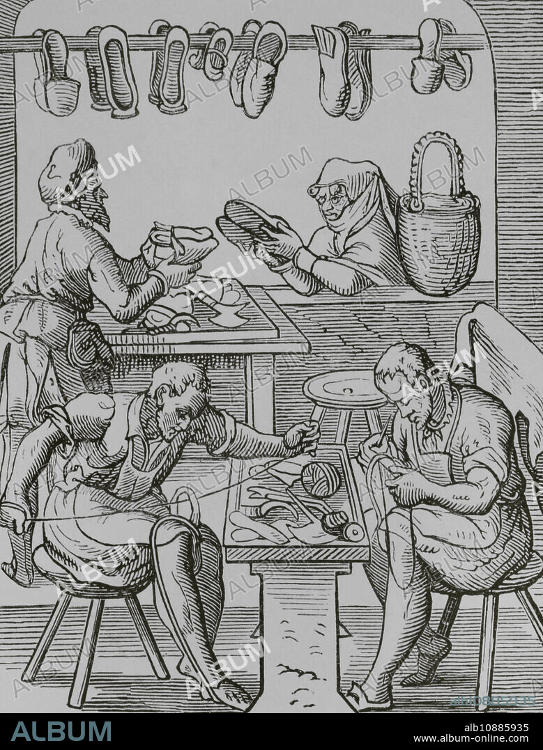 Los oficios. El zapatero. Facsímil de un dibujo y grabado por Jost Amman en el siglo XVI. "Moeurs, usages et costumes au moyen-âge et à l'époque de la Renaissance", por Paul Lacroix. París, 1878.