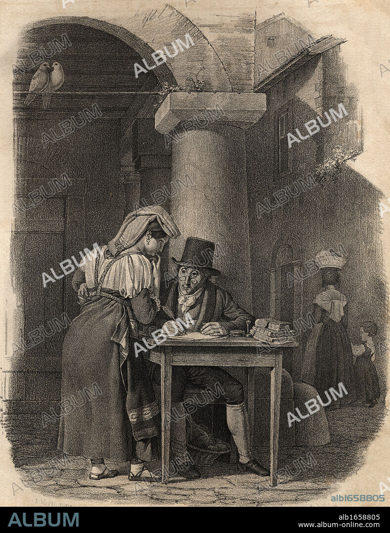 Public scribe working in market place.19th century lithograph by Em. Baerentzen & Co, from the drawing by E. Meyer. From the book "Figaro. Journal of Literature,Art and Music" by Georg Garstensen. Published 1841.