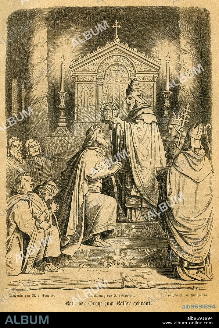 Europe, Italy, Rome, Vatican, Old St. Peter¬¥s Basilica, original text : ' Coronation of Charlemagne to the Emperor ' , of the Holy Roman Empire , illustration from : ' Illustrirte Gallerie bervºhmter Mv§nner aller Vv?lker und Zeiten ' ( Illustrated gallery of famous men of all races and times ) , new issue, publishing house Fr. Eugen Kv?hler, Gera, 1880th - 1890th , by Moritz von Schwind, drawing by R. Leineweber, wood engraving by Werthmann .