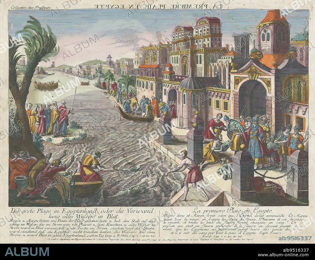 The first plague of Egypt, Die erste Plage in Egyptenland (...) (title on object), The plague of water turned to blood. View of a city on a river. On the bank to the left Moses beating the water with his stick. On the right on the quay is Pharaoh and his entourage. The water is stained red and dead fish are being pulled out. Below print explanations in German and French., publisher: Kaiserlich Franziskische Akademie, (mentioned on object), print maker: Monogrammist BF, (mentioned on object), Jozef II (Duits keizer), (mentioned on object), publisher: Augsburg, print maker: Germany, 1755 - 1779, paper, etching, brush, height 333 mm × width 433 mm.