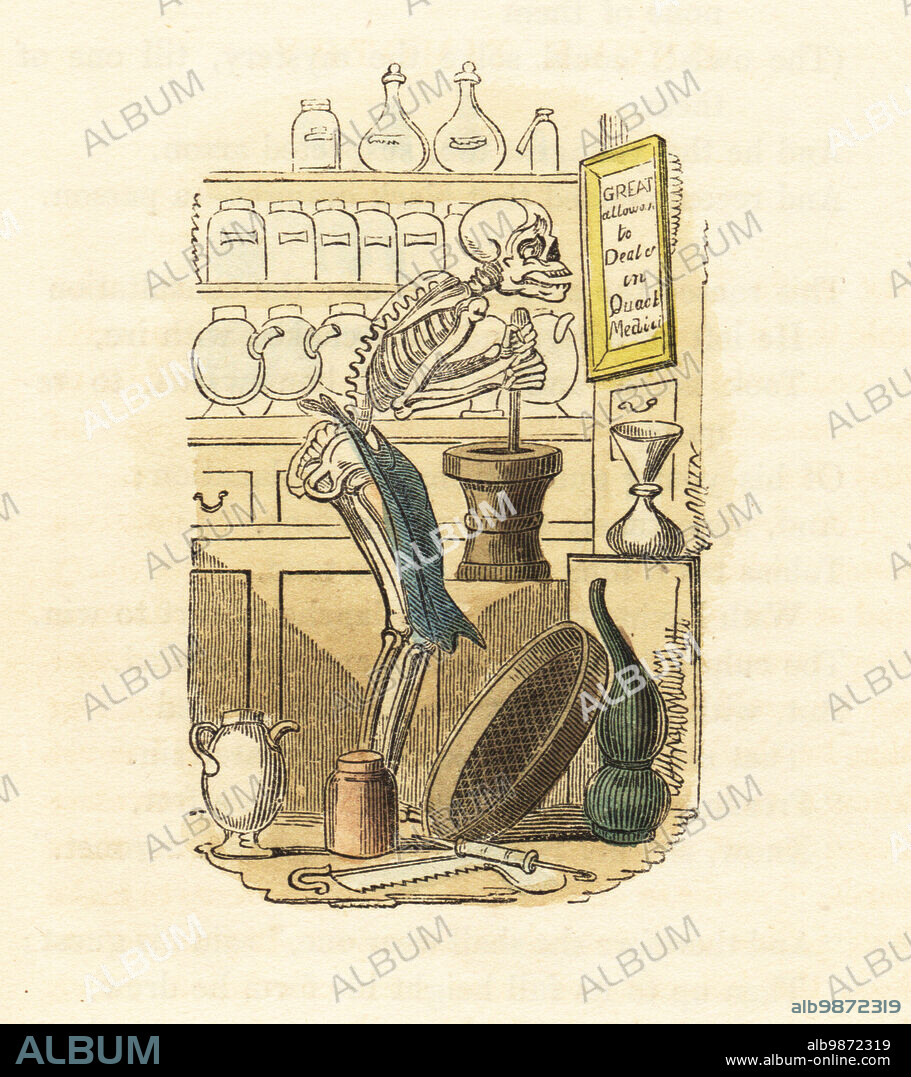 Skeleton of Death in a quack doctor's apothecary shop, wearing an apron mixing poison in a mortar and pestle. The workshop decorated with jars, phials, sieve, surgical saw and syringe. Great Allows to Deal in Quack Medicine. Handcoloured wood engraving after an illustration by Thomas Rowlandson from W. H. Harrisons The Humourist, a Companion for the Christmas Fireside, Rudolph Ackermann, 19 Strand, London, 1831.