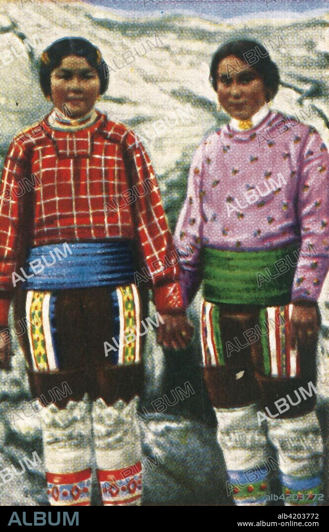 Young Inuit women, Greenland, c1928. Two women in traditional costume, living in the Arctic Circle. From "Die Welt in Bildern", (The World in Pictures), cigarette card album, c1928. [Georg A Jasmatzi, A.-G., Dresden, Germany].