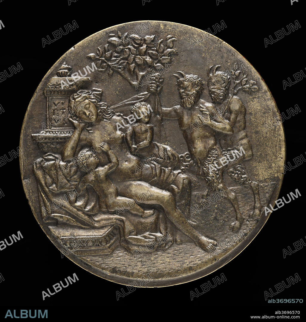PSEUDO ANTONIO DA BRESCIA. Sleeping Nymph and Two Satyrs [reverse]. Dated: 1505 or after. Dimensions: overall (diameter): 5.9 cm (2 5/16 in.) gross weight: 77 gr. Medium: bronze//Light brown patina.