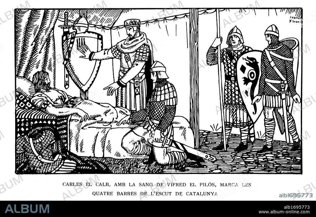 Carlos el Calvo marca las cuatro barras en su escudo con la sangre de Guifré el Pilós. Historia popular de Catalunya, de Alfons Roure. Editada en Barcelona, 1919. Dibujo de Joan Vila i Pujol (Joan d'Ivori) (Barcelona, 1890-1947).
