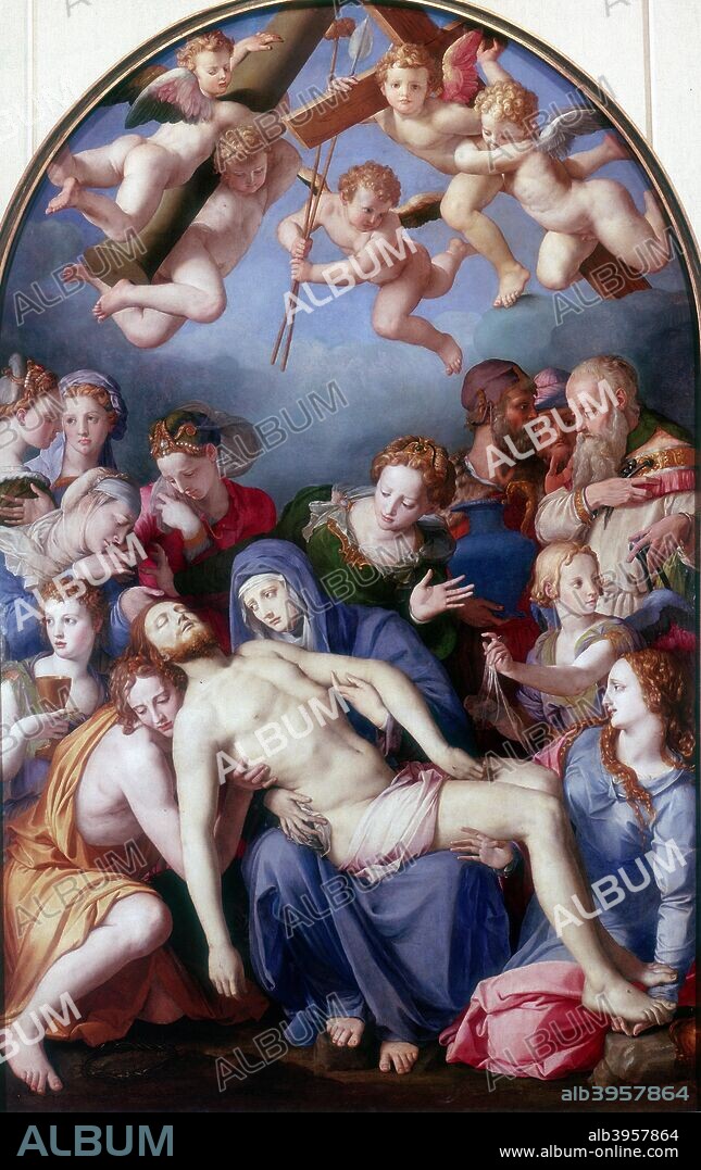 'The Deposition from the Cross', 1443-1445. The Virgin Mary, surrounded by supporters, cradles the body of Christ in her lap. The crown of thorns has fallen from his head and lies on the ground (left). Cherubs carry away the cross, the sponge soaked in vinegar offered when he cried out in thirst, and the spear with which the Centurion pierced his side (top). A figure, possibly Joseph of Arimethea, clutches the nails with which Christ was crucified (centre right). Another figure holds a golden goblet, perhaps the Grail, at centre left. From the Musee des Beaux Arts, Besancon, France.