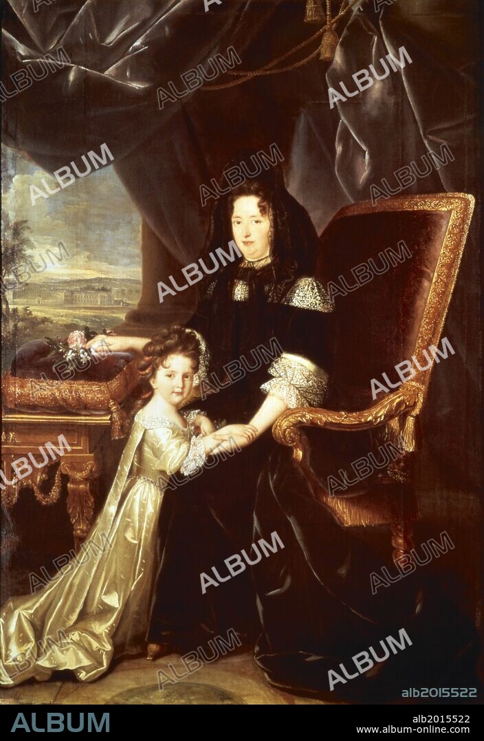 LOUIS FERDINAND ELLE THE YOUNGER. Françoise d'Aubigné, marquesa de Maintenon (1635-1719) segunda esposa del rey Luis XIV con su sobrino, 1689, Óleo sobre lienzo, 219 cm x 142 cm.