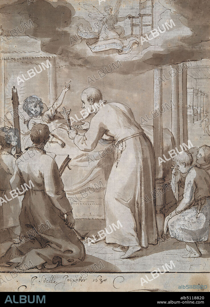 Artist: Jacques Stella, French, 15961657, St. Philip visiting a hospital, Pen, brush and ink with wash heightened with white over preliminary chalk drawing, Sheet: 21.2 × 15.6 cm (8 3/8 × 6 1/8 in.), Made in France, French, 17th century, Works on Paper - Drawings and Watercolors.