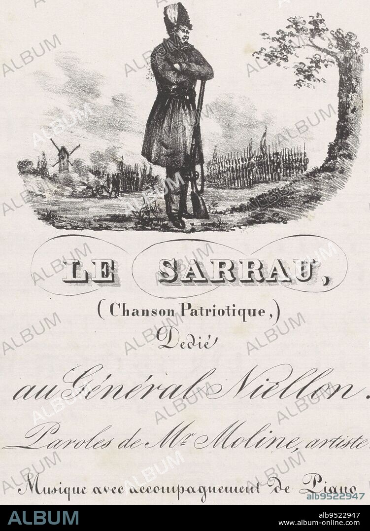Sheet music for the patriotic song titled 'Le Sarrau' (The Workman's Keel), ca. 1830. Double folded sheet with inside notes and words of the song and piano accompaniment. On the obverse a Belgian insurgent dressed in a workman's smock, standing by a tree, The Workman's Smock, c. 1830 Le Sarrau, (Chanson Patriotique) Dedi, print maker: Louis Huard, (mentioned on object), Moline, (mentioned on object), J. Warot, (mentioned on object), print maker: Belgium, Belgium, Belgium, printer: Antwerp, 1830 - 1831, paper, h 370 mm × w 270 mm.