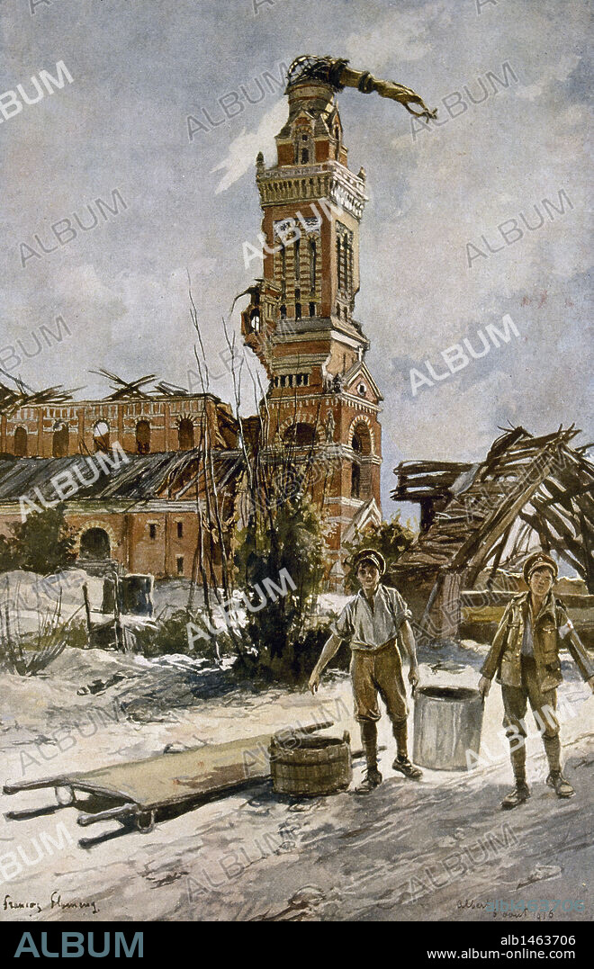 I GUERRA MUNDIAL (1914-1918). La iglesia de la población de Albert tras la ofensiva británica. La Ilustración Francesa, 1917.
