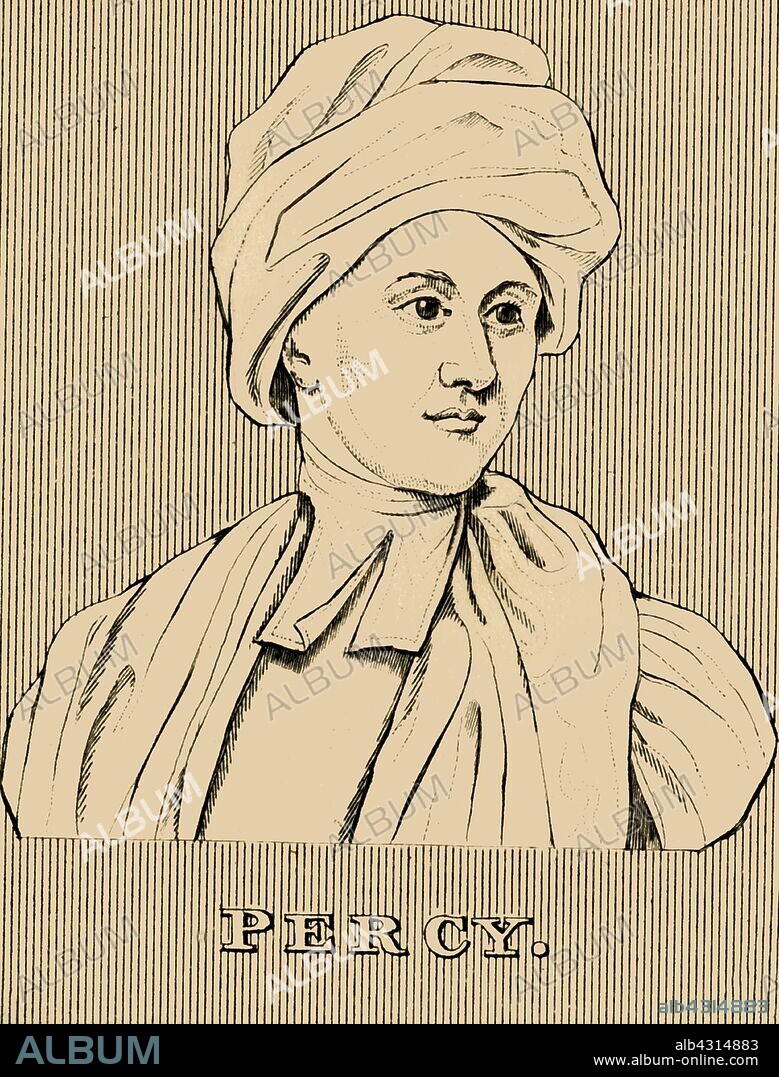 'Percy', (1729-1811), 1830. Thomas Percy (1729-1811) Bishop of Dromore,  chaplain to George III and Romantic poet educated at  Christ Church, Oxford, a friend of Samuel Johnson and James Boswell. From "Biographical Illustrations", by Alfred Howard. [Thomas Tegg, R. Griffin and Co., J. Cumming, London, Glasgow and Dublin, 1830].