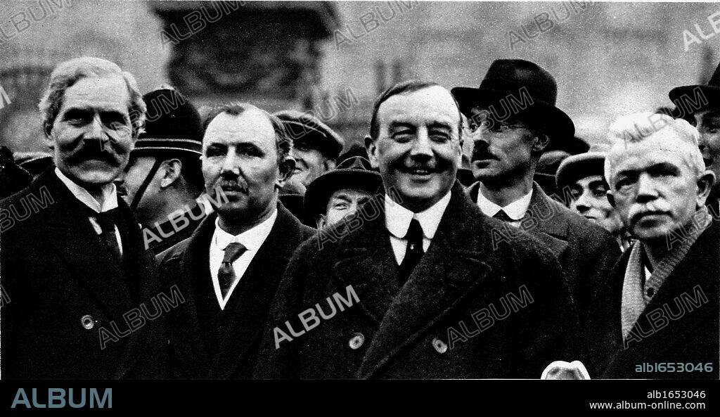 Ramsay Macdonald, first Labour (Socialist) British Prime Minister, leaving Buckingham Palace after being asked by George V to form a government - 1924. Macdonald, left, with his colleagues JH Thomas, Arthur Henderson and JR Clynes.