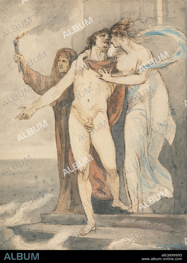 WILLIAM HAMILTON. Leander Taking Leave of Hero Before Swimming Back Across the Hellespont. Drawing. Pen and brown ink, watercolor, gray wash and red chalk with scraping out; verso: graphite and gray wash on moderately thick, moderately textured, cream laid paper. Height: 448 mm (17.63 in); Width: 270 mm (10.62 in).