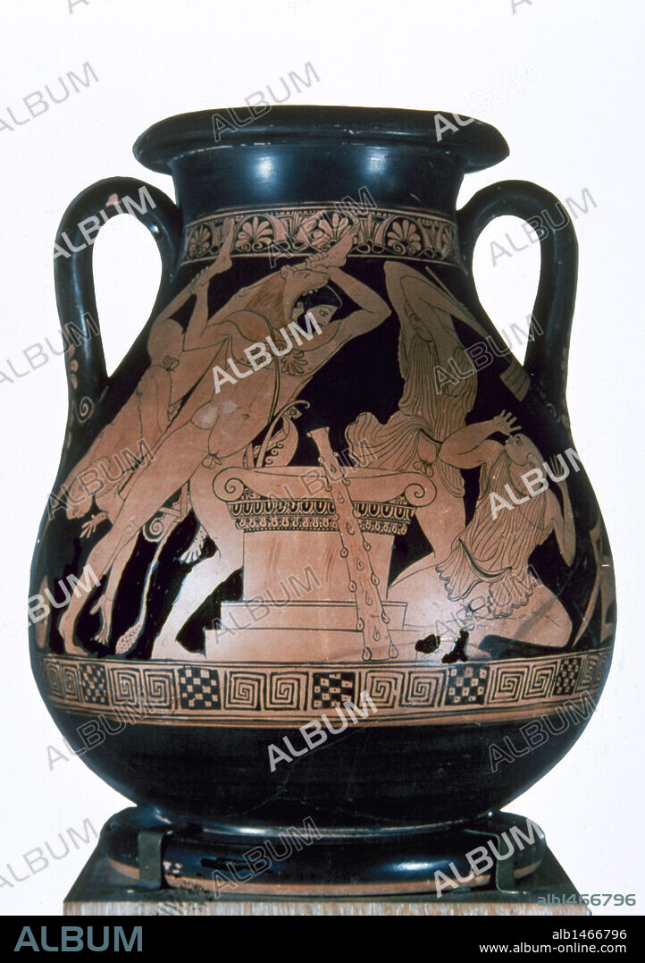 Pelike depicting Heracles killing Busiris and his servants. 480 BC. Red-figure. Found in Thespiae. Archaeological Museum. Athens. Greece.