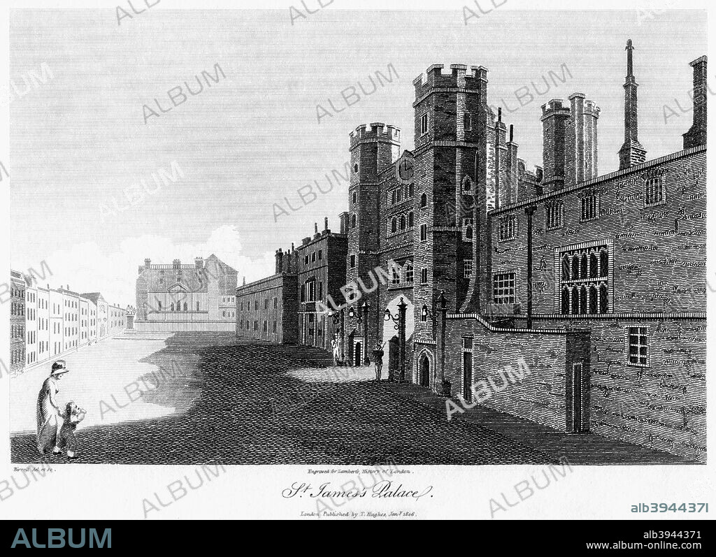 St James's Palace, Westminster, London, 1806. Situated on the Mall just to the north of St James's Park, St James's Palace was commissioned by Henry VIII. It became the official London residence of the monarch in 1698, but lost that status after being damaged by fire in 1809. Today the palace remains the formal base of the Royal Court and is the residence of the Princess Royal and Princess Alexandra.