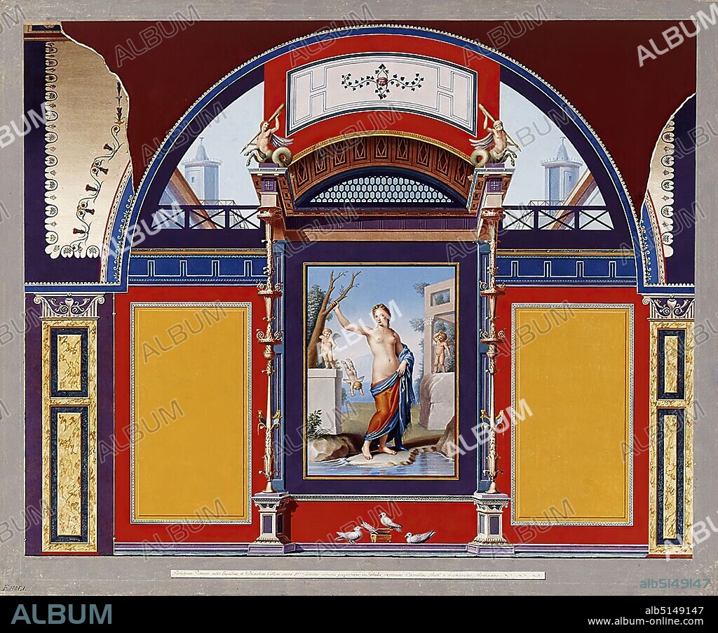 Angelo Campanella, Anton Raphael Mengs, Ancient mural painting in the Villa Negroni in Rome, copperplate engraving, outline etching, colored, Total: Height: 54.00 cm; Width: 64.50 cm, prints, printed matter, painting, classicism, In 1777 a 2nd century villa was excavated in Rome, whose mural paintings were sensationally well preserved. However, parts of these frescos were sold to England the following year. In the meantime, they are just as lost as the fragments that remained at the site, which were exposed to wind and weather. The Rome based Anton Raphael Mengs (1728-1779) created the models for the first two engravings of the series. The selected example shows Venus, the Roman goddess of love, in the center, in a bath with playing erotica.