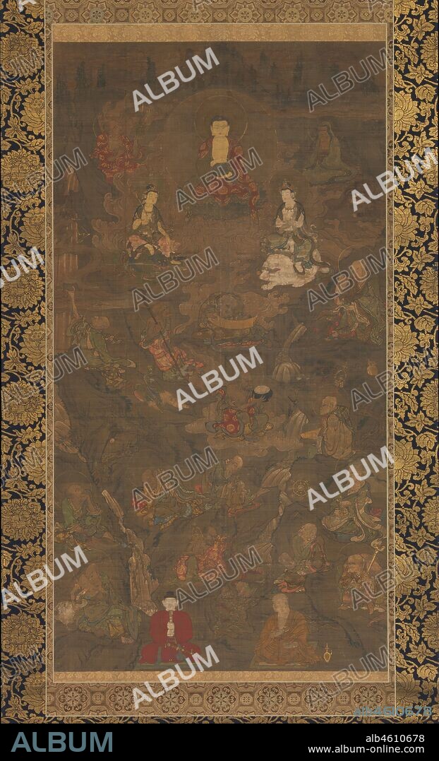 Shaka Triad and the Sixteen Rakan, 14th century. Buddha Shaka preaching to a group of bodhisattvas, arhats, and historical Japanese figures at Vulture Peak. Below are two historical Japanese figures, crucial to the development of Japanese Buddhism: in a red robe is Shotoku Taishi (572-622), an imperial prince and early patron of Buddhism, and, on the right, the monk Kukai (774-835), founder of the Shingon sect of Buddhism.