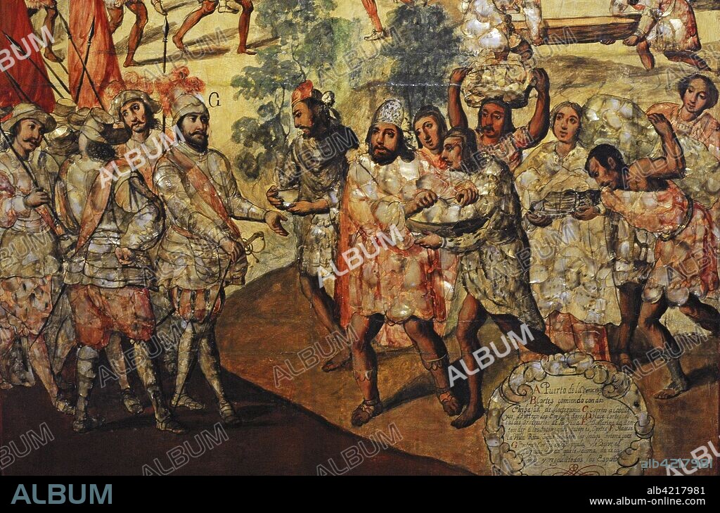 The Conquest of Mexico (1519-1521). Hernan Cortes in Zempuala, welcomed by the "Cacique Gordo" (Chief Gordo). Detail. Table belonging to a set of 6 made with the "enconchado" technique. Anonymous author. Oil and nacre. 1676-1700. Mexican School. Viceroyalty of New Spain. Mexico. Museum of the Americas. Madrid, Spain.