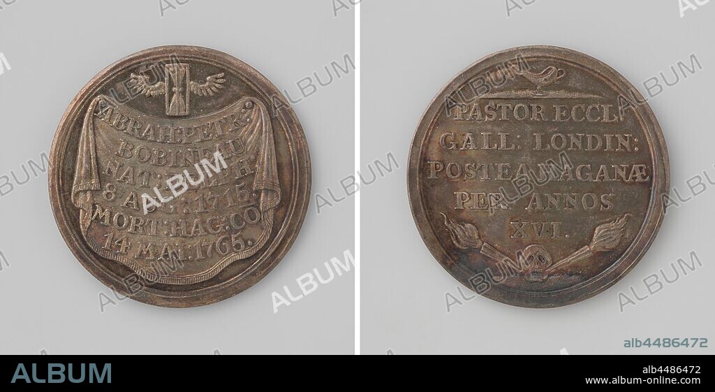 Death of Abraham Pierre Bobineau, Walloon pastor in The Hague, Silver Medal. Front: winged hourglass above mourning dress with inscription. Reverse: smokey oil lamp above inscription, below that is a skull, from which two burning torches protrude, The Hague, London, Abraham Pierre Bobineau, Nicolaas van Swinderen (copy after), Netherlands, 1765, silver (metal), striking (metalworking), d 3.6 cm × w 16.56 gr.