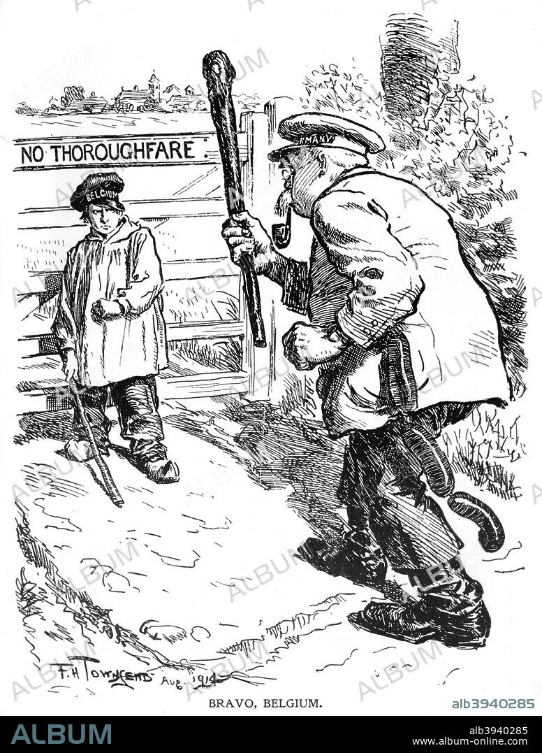 'Bravo, Belgium', 1914, (1920). A small boy in clogs representing Belgium stands up against a bullying Germany holding a club and sausages. Cartoon that originally appeared in Punch, August 1914. Illustration from The Illustrated War Record of the Most Notable Episodes in the Great European War 1914-1918, seventh edition, (The Swarthmore Press Ltd, London, c1920).
