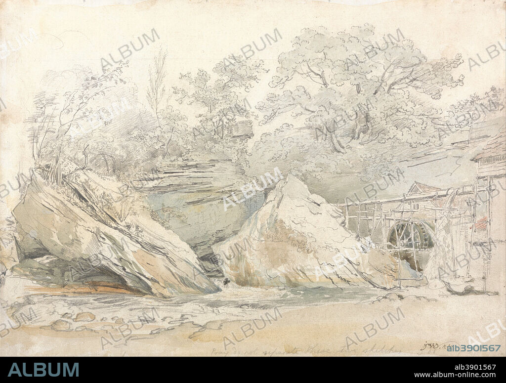 JAMES WARD. Watermill in a Rocky Landscape. Drawing. Watercolor over graphite on medium, smooth, cream wove paper. Height: 260 mm (10.23 in); Width: 368 mm (14.48 in).