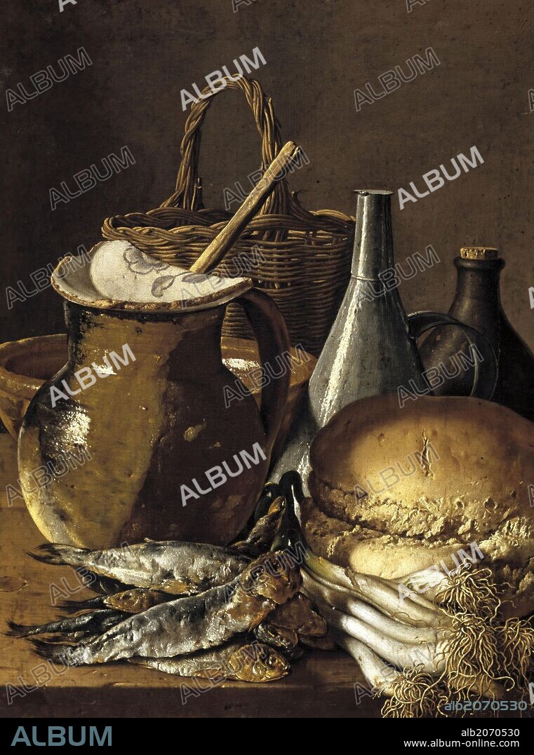 LUIS MELÉNDEZ. Luis Egidio Meléndez / 'Bodegón con arenques, cebolletas, pan y utensilios de cocina', 1760-1770, Escuela Española, Óleo sobre Lienzo, 50,3 cm x 36,7 cm, P00907.