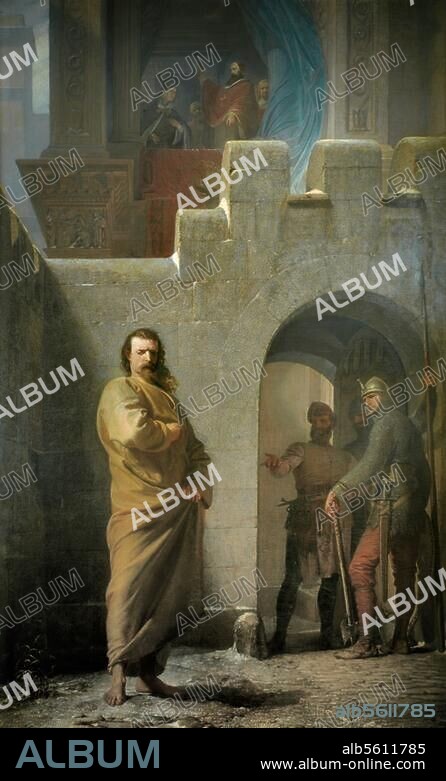 Henry IV, Emperor; 1050-1106. "Emperor Henry IV in Canossa 1077". (25th-27th January 1077. Henry completes the third penance from Pope Gregory VII which lifts his excommunication). Painting, 1862, by Eduard Schwoiser. (1826-1902). Oil on canvas, 380 × 232 cm. Munich, Maximilianeum Collection.
