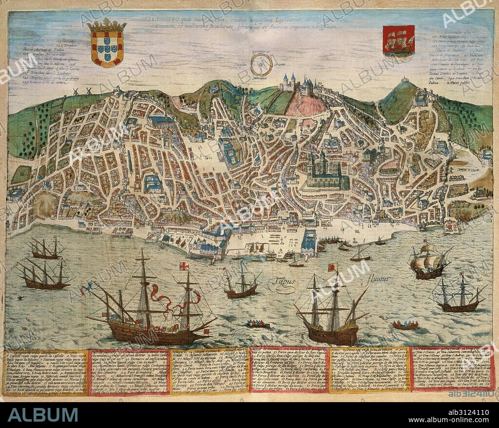 HISTORY OF PORTUGAL. View of the city of LISBOA with the TAJO RIVER, late 16th century. Atlas "Civitates Orbis Terrarum". Work of Braun and Hogenberg, 1576. Library of the University of Salamanca. Castilla-León. Spain.