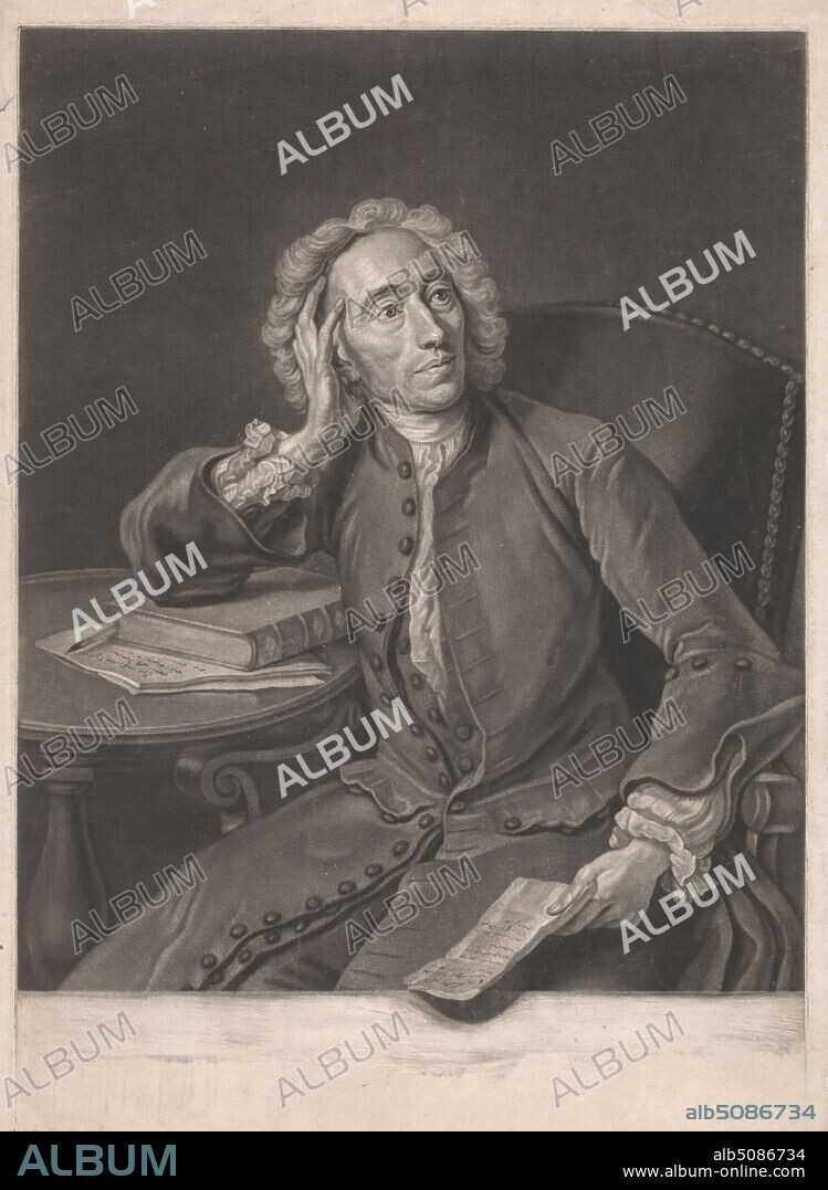 Alexander Pope, John Faber the Younger, ca. 16951756, Netherlandish, active in Britain, after Jean-Baptiste van Loo, 16841745, French, active in Britain (173742), ca. 1744, Mezzotint on moderately thick, slightly textured, cream laid paper, pasted on very thick, smooth, brown card, Mount: 16 7/8 x 12 5/16 inches (42.8 x 31.3 cm), Sheet: 14 5/8 x 10 9/16 inches (37.2 x 26.9 cm), Plate: 14 1/16 x 10 inches (35.7 x 25.4 cm), and Image: 12 3/16 x 9 15/16 inches (30.9 x 25.2 cm), book, chair, coat, costume, cravat, frills, man, papers, portrait, table, wig.