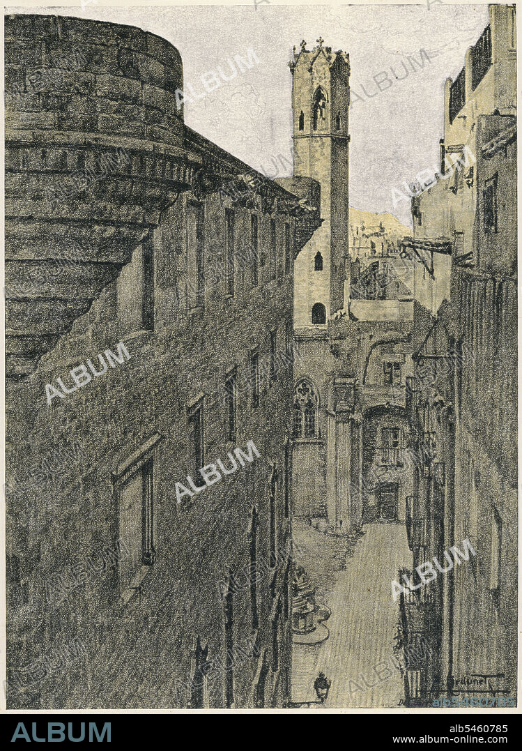 ALEXANDRE CARDONETS CAZORLA. Catalunya. Barcelona. Baixada de Santa Clara, barrio gótico. Grabado de 1923.