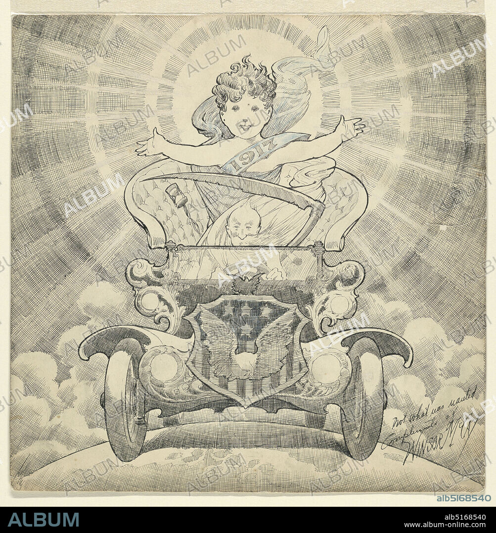 Study for cartoon 'Welcome in the Year 1917', Winsor McCay, American, 1869 - 1934, Pen and black ink, blue color pencil on illustration board, A male figure, with a long beard and hourglass pendant, drives a car while carrying a young child wearing a banner inscribed '1917.' The grill of the vehicle is decorated with eagle wings, stars, and stripes., USA, 1916, figures, Drawing, Drawing.