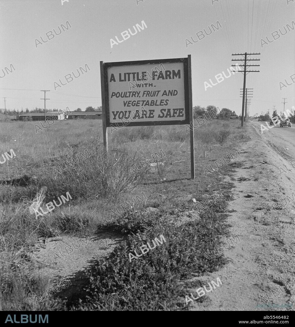 DOROTHEA LANGE. Real estate sign along the highway on which hundreds of drought refugees and migrant workers travel. Riverside County, California. ['A Little Farm - with - Poultry, Fruit and Vegetables - You Are Safe'].