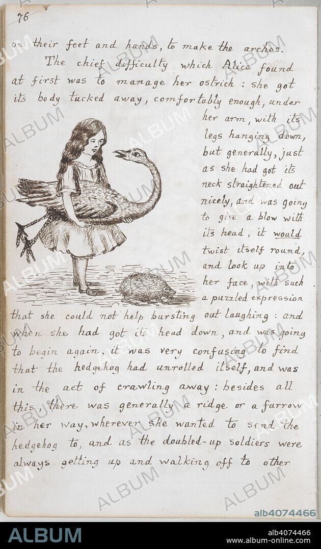 CHARLES LUTWIDGE DODGSON and DODGSON, CHARLES LUTWIDGE, PSEUD. LEWIS CARROLL. Alice prepares for croquet. Alice's Adventures Under Ground [in Wonderland]. England [Oxford]; 1862-1864. [Whole folio] Text and drawing from Chapter IV: Alice prepares for the croquet match. Under her arm, she holds the bird [here called an ostrich, but afterwards a flamingo] to be used as a mallet, with the hedgehog, which will be the croquet ball, at her feet  Image taken from Alice's Adventures Under Ground [in Wonderland].  Originally published/produced in England [Oxford]; 1862-1864. . Source: Add. 46700, f.39v. Language: English.