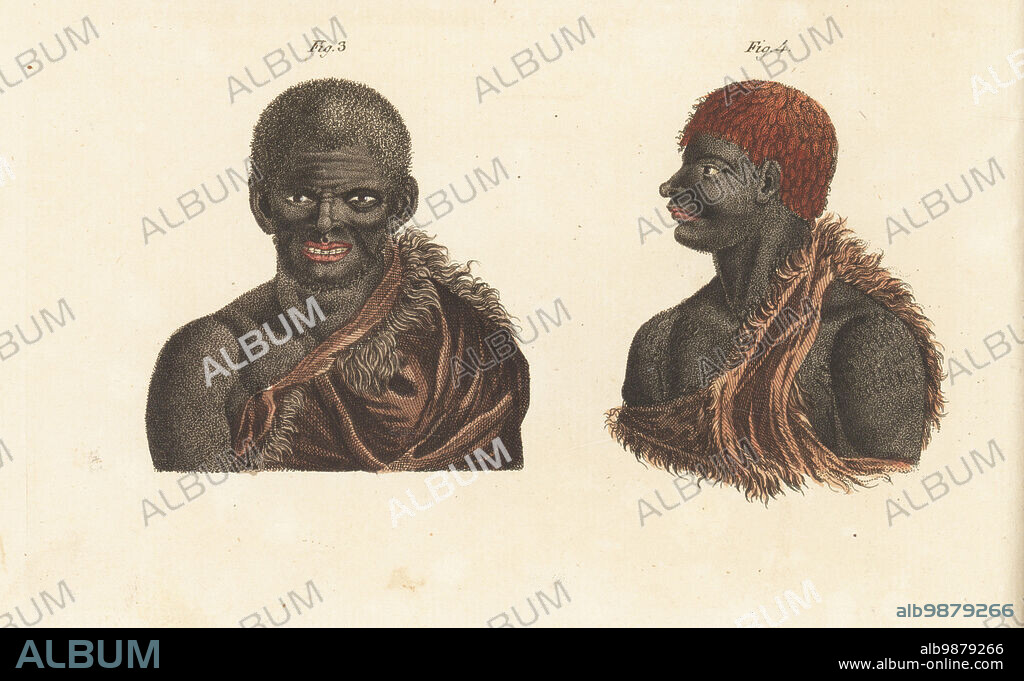 Aborigine people of Tasmania, 1807. Paraberi in animal-skin cloak 3 and Ouriaga with scarification to shoulder, hair dyed red 4. The Tasmanian people were exterminated by the British colonists. Copied from portraits by Nicolas-Martin Petit in Francois Peron's Voyage de Decouvertes aux terres Australes, 1807. Handcoloured copperplate engraving from Carl Bertuch's Bilderbuch fur Kinder (Picture Book for Children), Weimar, 1813. A 12-volume encyclopedia for children illustrated with almost 1,200 engraved plates on natural history, science, costume, mythology, etc., published from 1790-1830.