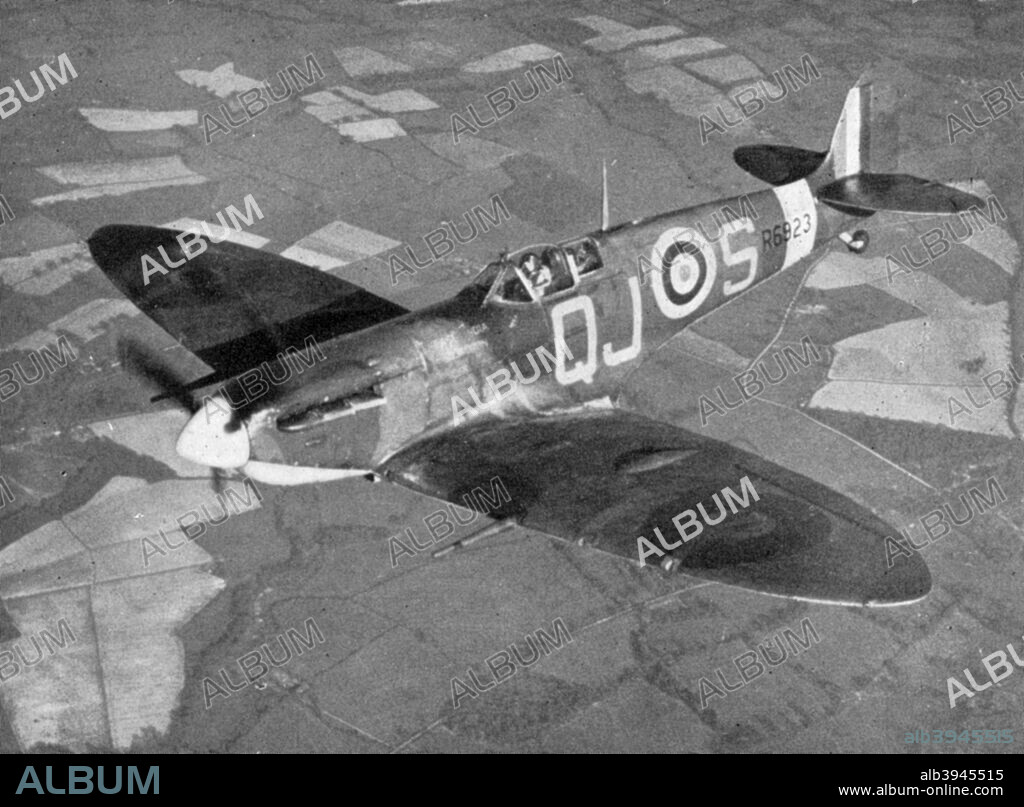 Supermarine Spitfire Mk Vb, 1941. The iconic British Second World War fighter was designed by Reginald Mitchell. Powered by a Rolls-Royce Merlin engine, the Spitfire was integral to Britain's front-line air defences during the war and, together with the Hawker Hurricane fighter, played a crucial role in the Battle of Britain. The Mk V was introduced in 1941. A print from British Fighters, by Lawrence Fairhall, London Robert Ross & Co Ltd, 1941.