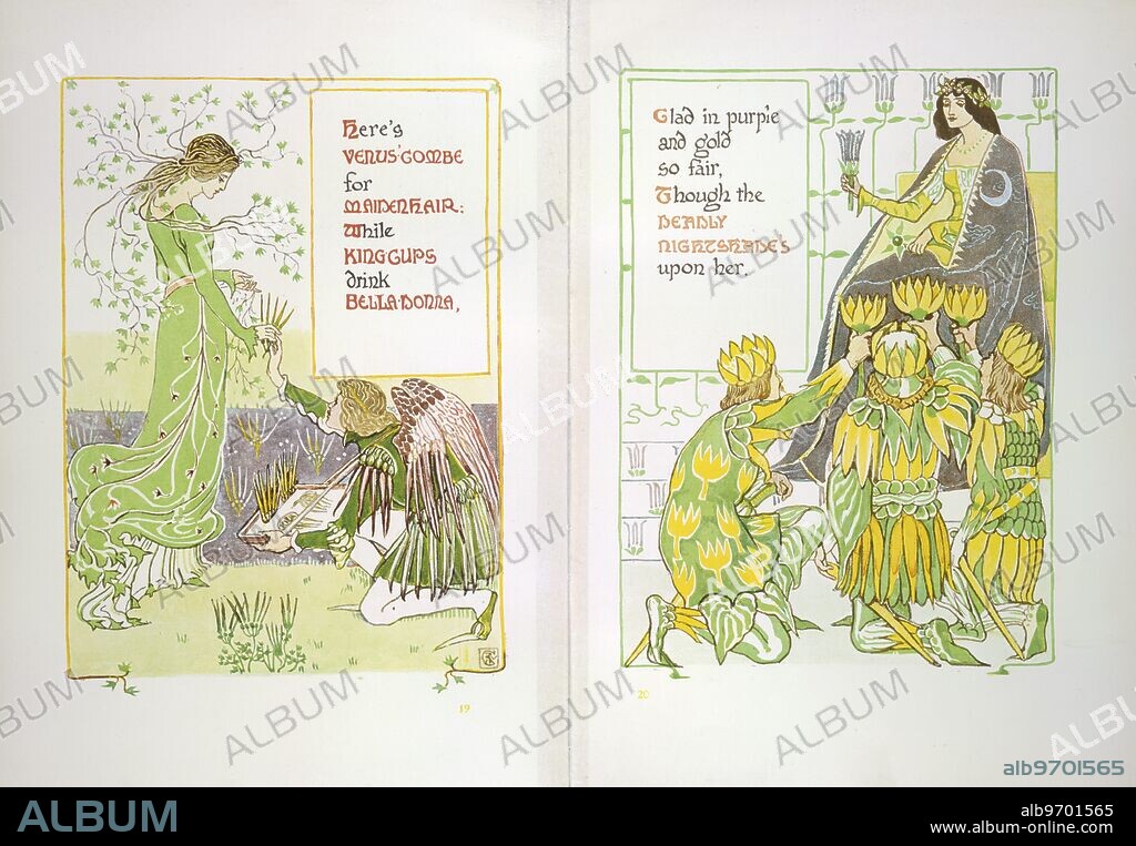 Pages from A Floral Fantasy in an Old English Garden by Walter Crane, 1899. Here's Venus' Combe for maiden hair: while King Cups drink Belladonna, glad in purple and gold so fair, though the Deadly Nightshade's upon her. From A Floral Fantasy in an Old English Garden. Set forth in verses & coloured designs. (London, 1899).