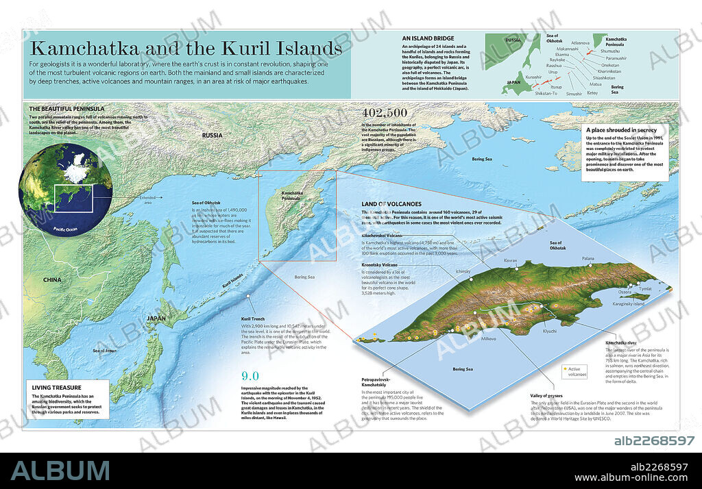 Kamchatka y las islas Kuriles. Infografía de las características geográficas y geológicas de la península de Kamchatka y las islas Kuriles, en el extremo oriental de Rusia.