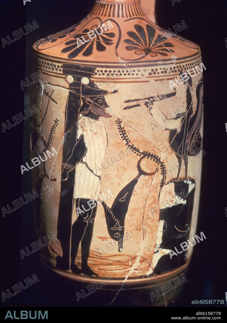 CERAMICA GRIEGA - LEKYTHOS - PINTURA MITOLOGICA DE ULISES Y LAS SIRENAS.