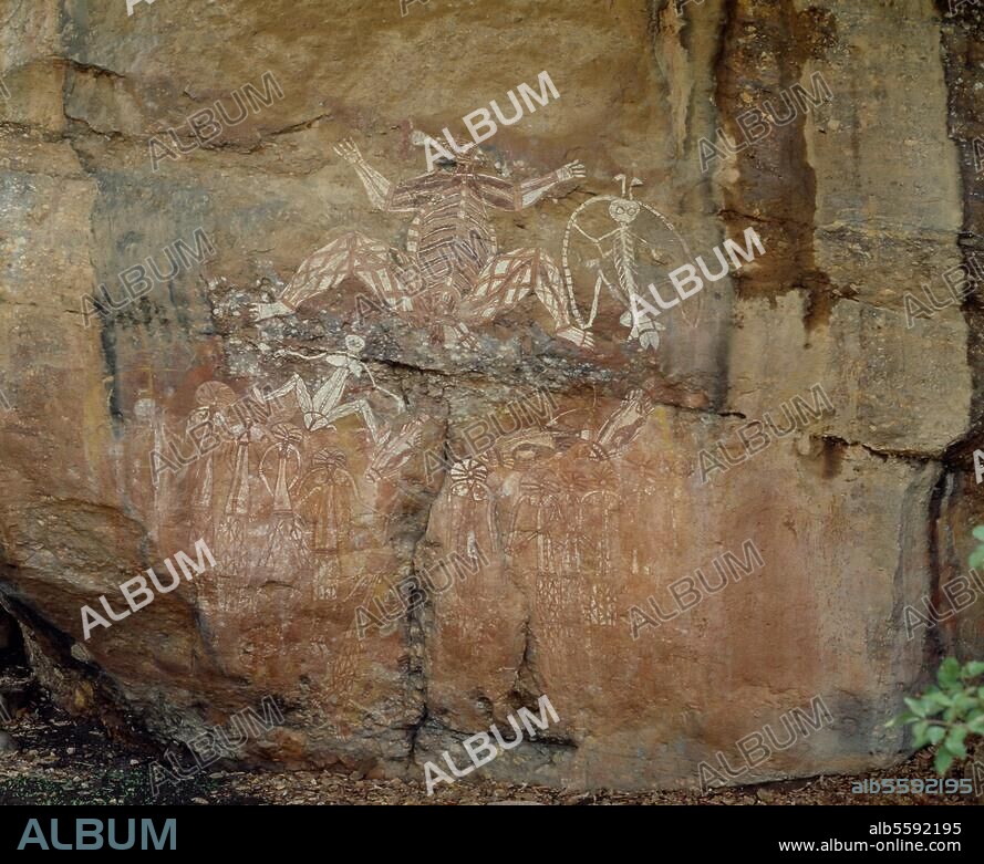 ANONYM. Kunst: australisch / Aborigines-Kunst. Felsmalerei am Nourlangie Rock im Kakadu National Park, Arnhemland, Nordterritorium, Australien (älteste Darstellungen ca. 20.000 Jahre alt). Foto, 1996/97. (Bildquelle ohne nähere Angaben).