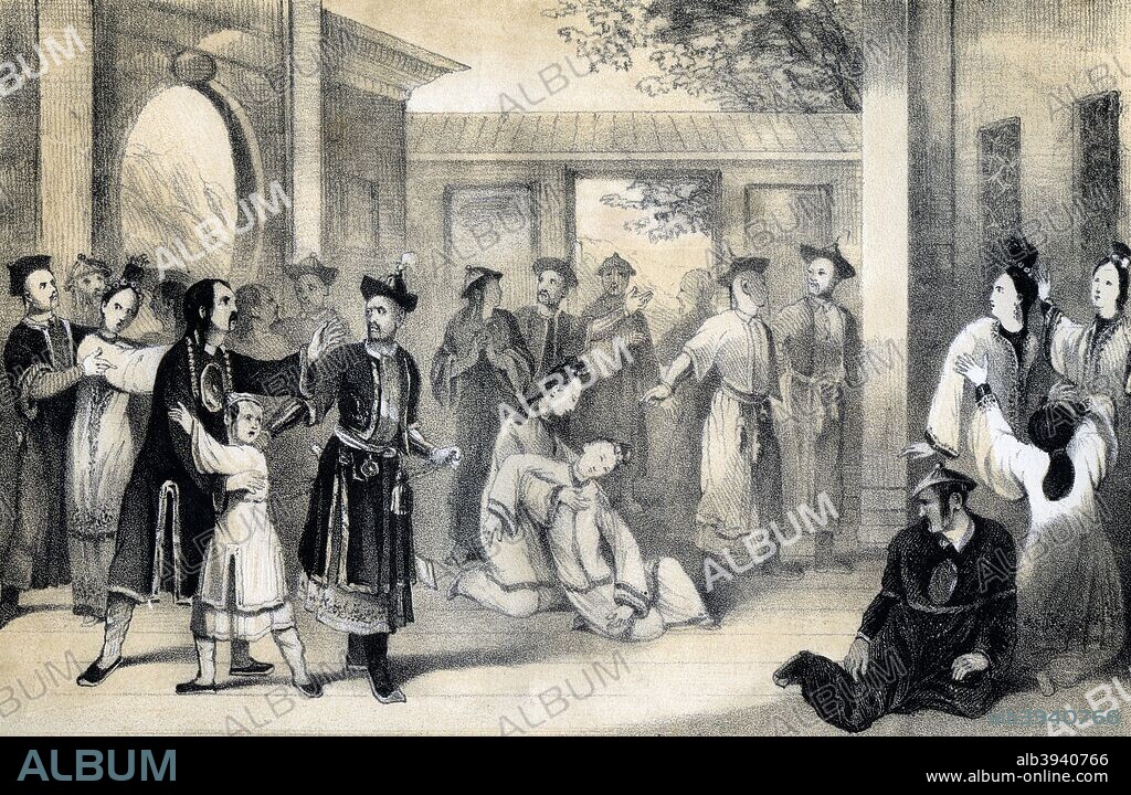 'The Chinese people sold for slaves by the Tartars, after their conquest by Zinguis-Khan', (1847). Scene during the early 13th century when the Mongol leader Genghis Khan (1155-1227) was expanding his empire into China. Illustration from The History of China and India, by Miss Corner, (Dean and Co, London, 1847).