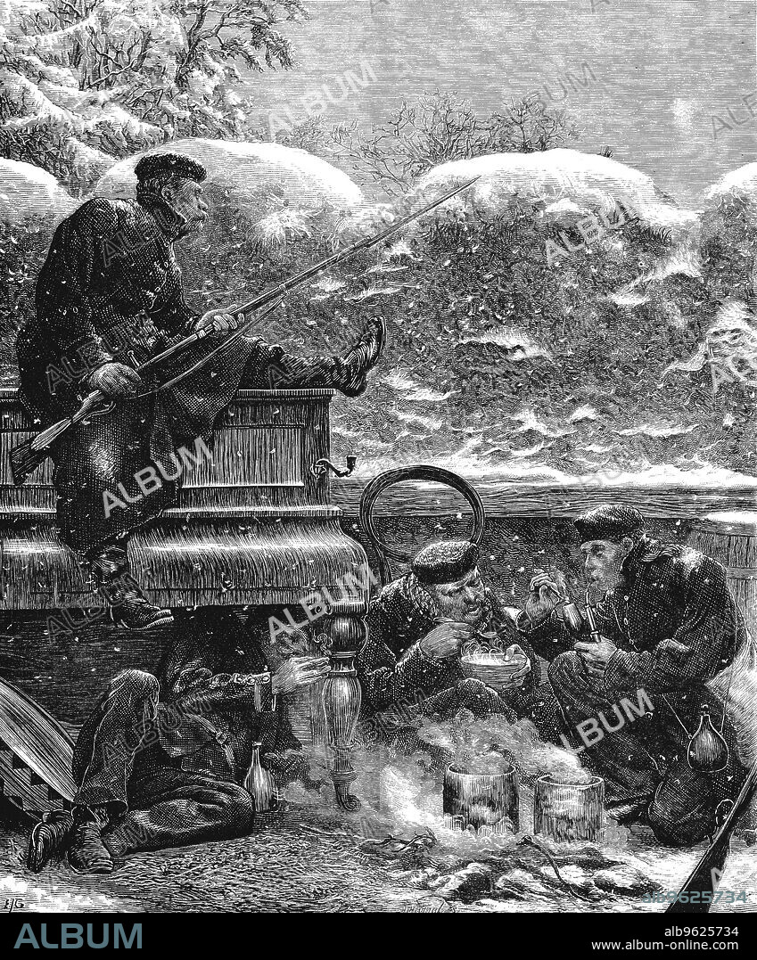 Prussian troops at the siege of Paris, Franco-Prussian War, December 1870. Prussian soldiers before Paris waiting for a sortie by the besieged French. One rifleman, bayonet fixed, keeps watch while his companions enjoy a meal and a smoke on a cold, snowy winter's night. After the disastrous defeat of the French at Sedan and the capture of Napoleon III, the Prussians surrounded Paris on 9 September 1870. The city held out despite famine and great hardship until 28 January 1871. An attempt to break out from the city was made at Mont-Valerien on 19 January 1871, but was unsuccessful.