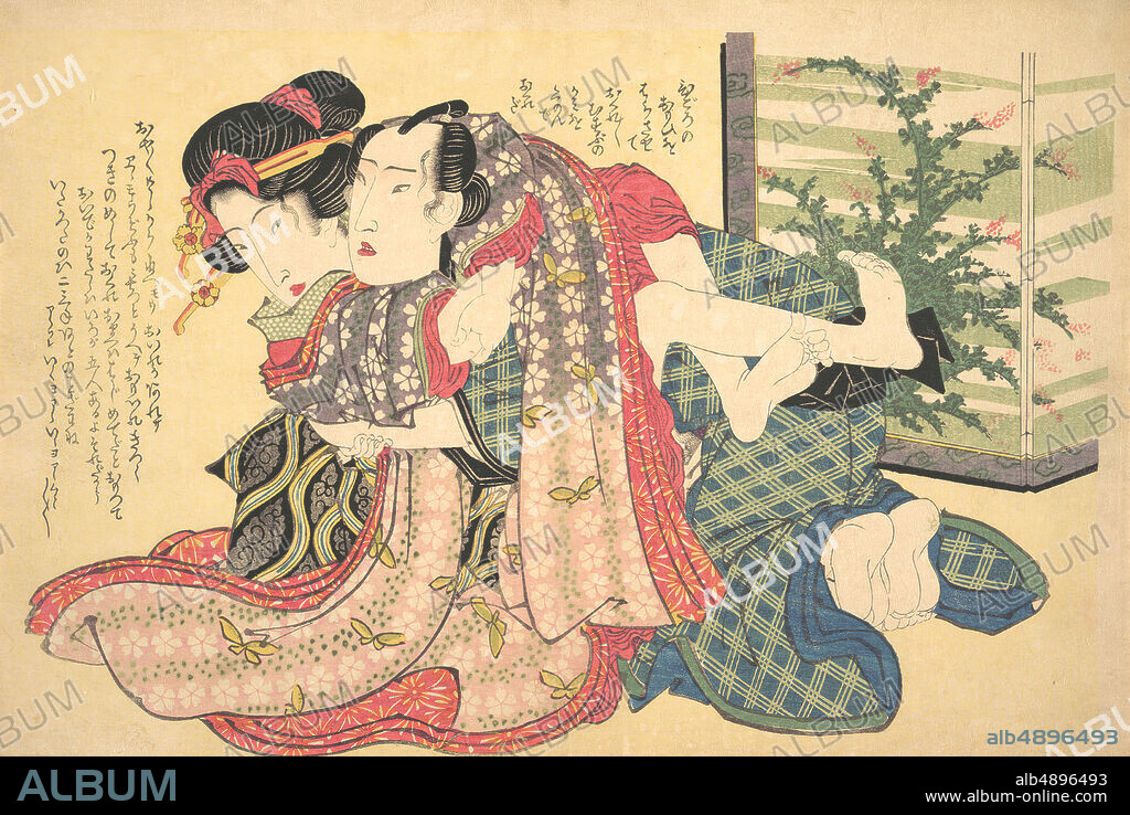 Keisai Eisen, A Couple Locked in an Embrace, Japan, Edo period (16151868), Keisai Eisen (Japanese, 17901848), ca. 1825, Japan, Polychrome woodblock print; ink and color on paper, Oban yoko-e, 10 1/4 x 15 1/8 in. (26 x 38.4 cm), Prints.