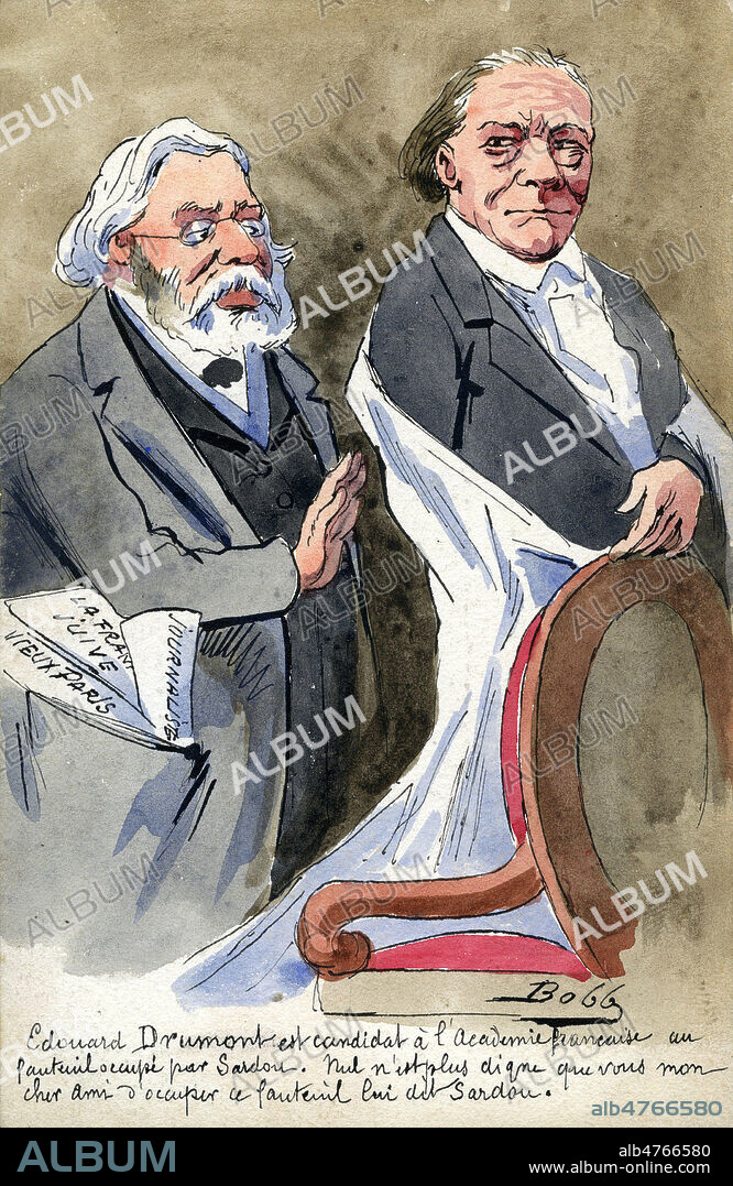 'Edouard DRUMONT (1844-1917) est candidat a l'Academie francaise au fauteuil occupe par SARDOU (1831-1908). Nul n'est plus digne que vous mon cher ami d'occuper ce fauteuil, lui dit Sardou'. Caricature originale par BOBB pour une carte postale vers 1908. Credit : Collection IM/KHARBINE-TAPABOR.